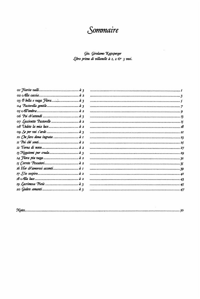 vol_21_index.jpg - Volume 21 : Premier livre de villanelles à une, deux et trois voix avec accompagnement de théorbe de G.G. Kapsberger