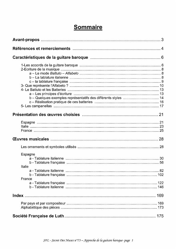 vol_73_sommaire.jpg - Volume 73 : Approche de la guitare baroquePièces issues d'Espagne, d'Italie et de France (présentées en tablature française et italienne) - Sélection et transcriptions : Jean-Charles Lefebvre