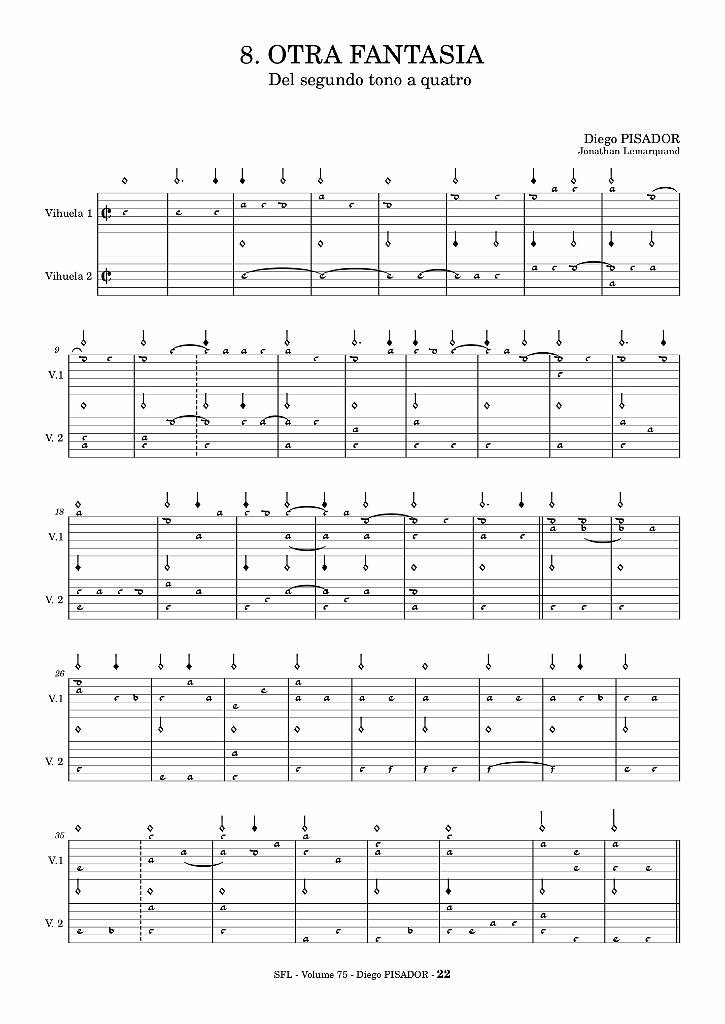 vol_75_pisador_3.jpg - Volume 75 : 11 Fantaisies pour vihuela de mano de Diego Pisador, extraites du 3e livre pour vihuela (1552). Transcription en tablature française pour 2 vihuela de mano et/ou luths renaissance égaux, par Jonathan Lemarquand.
